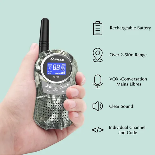 Vista 2 de QNIGLO Walkie Talkies para acampar para niños recargables, Walkie Talkies de camuflaje para niños y niñas, adecuados para juegos de aventura al aire