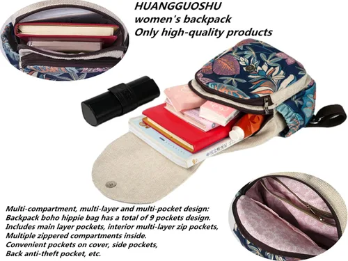Vista 134 de HUANGGUOSHU Mochila de algodón tejida de algodón bohemio con bordado de lona estilo bohemio con múltiples bolsillos retro linda mochila cartera