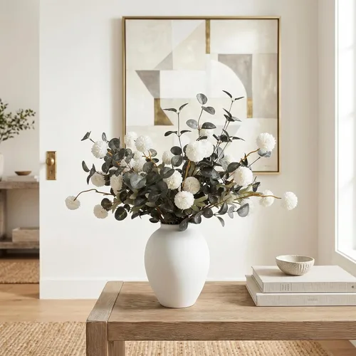 Vista 5 de Flores artificiales blancas y vegetación con jarrón, centro de mesa de arreglo floral sintético para mesa de comedor, flores de seda realistas