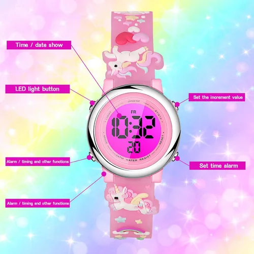 Vista 2 de 2 Pieces Kids Unicorn Watch Toddler Watch and Silicone Wristband Cute 3D Kids Digital Watch Waterproof 7 Color Lights Watch with Alarm Stopwatch
