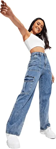 Vista 4 de SweatyRocks Pantalones de jeans tipo cargo, de cintura alta, para mujer, con bolsillo con solapa y pierna ancha