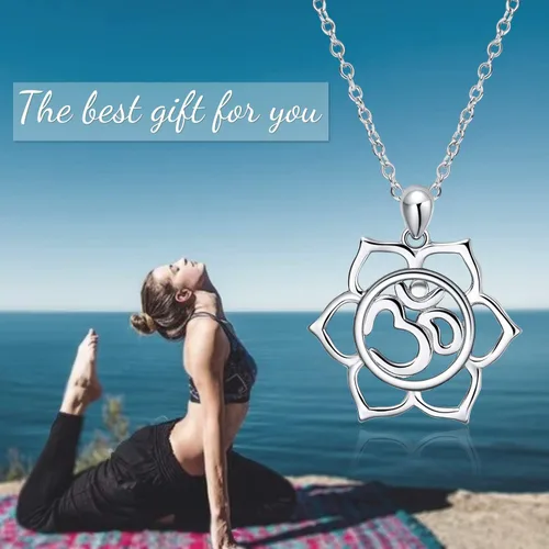 Vista 5 de YAFEINI Om Necklace Yoga Lotus Flower Pendant Aum Om Ohm Necklace Sterling Silver Indian Yoga Jewelry Inspirational Gifts for Mom Women