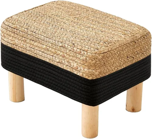 Vista 14 de Taburete redondo otomano natural de algas marinas, taburete de pie con 4 patas de madera, taburete redondo tejido a mano, taburete de sofá, taburete