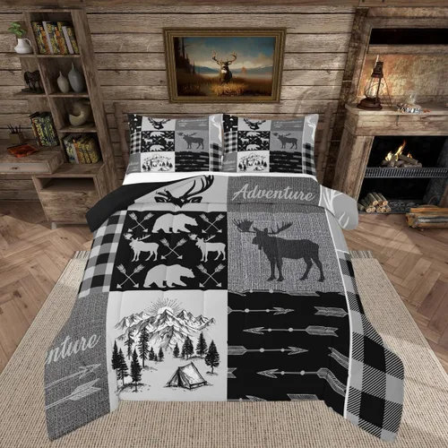 Vista 23 de Juego de edredón de cabaña rústica navideña, juego de ropa de cama estilo rústico con diseño de osos y ciervos, tamaño completo, patchwork Multi 08