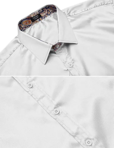 Vista 4 de COOFANDY Camisas de vestir de satén para hombre, casual, manga larga, floral, con botones, casual, de seda, ajustadas, para boda, graduación