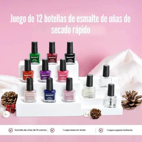 Vista 2 de OpenLive - Juego de 12 esmaltes de uñas con 10 combinaciones de colores, 2 esmaltes base y de capa superior, esmalte de uñas de secado rápido
