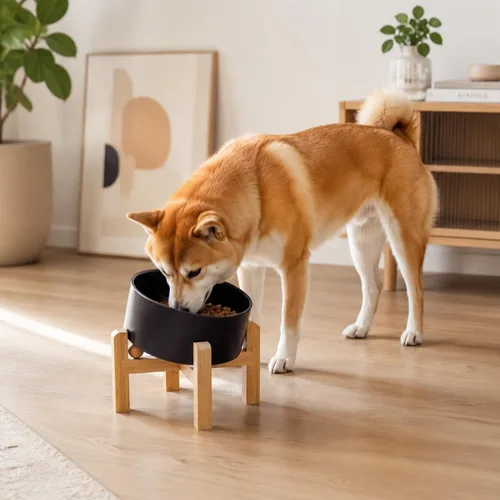 Vista 6 de hjn Cuenco elevado de cerámica para perros/cuencos elevados de cerámica para perros con soporte de bambú, comedero elevado inclinado de 15°