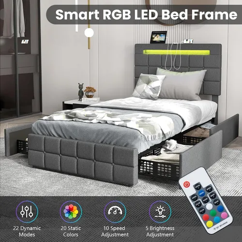 Vista 5 de KOMFOTT Base de cama individual con estación de carga y luces LED, base de cama de plataforma tapizada con cabecera ajustable y 4 cajones