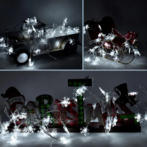 Vista 3 de Holiday Essence - Cadena de luces de Navidad en forma de copo de nieve, 50 luces LED blancas frías, 8 modos, 25 pies, juego de luces