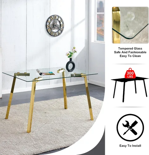 Vista 3 de Mesa de comedor rectangular de vidrio templado, 51 pulgadas de ancho, mesa de cocina moderna de mediados de siglo, mesa de comedor con 4 patas