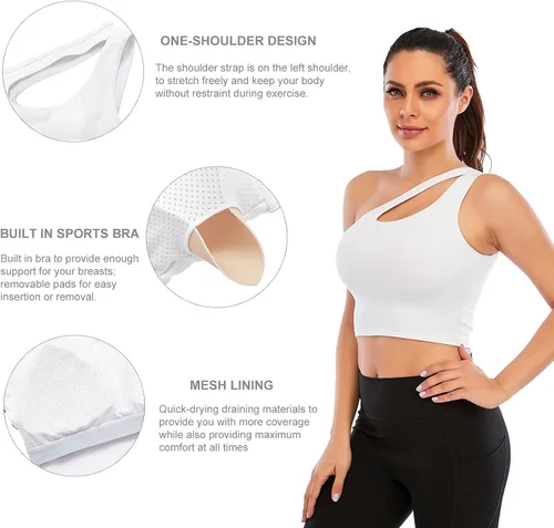 Vista 4 de Youloveit Sujetadores deportivos de un hombro para mujer, de soporte medio, con relleno, para yoga, con brasier deportivo integrado