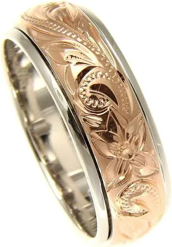 Vista 4 de Arthur's Jewelry Anillo giratorio de plata de ley 925 con diseño de plumeria hawaiana chapado en oro rosa rosa de 2 tonos, tamaño 3-13