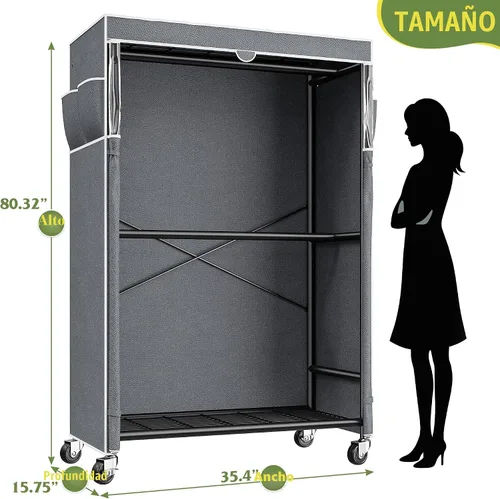 Vista 6 de Raybee Perchero de ropa de 80.32" de altura con cubierta, percheros de ropa rodantes para colgar ropa con ruedas, perchero portátil resistente