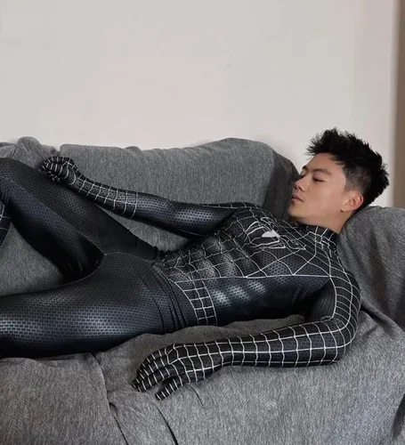 Vista 3 de PEFGRP El disfraz de superhéroe negro de Halloween está hecho de tela de elastano, transpirable y elástica