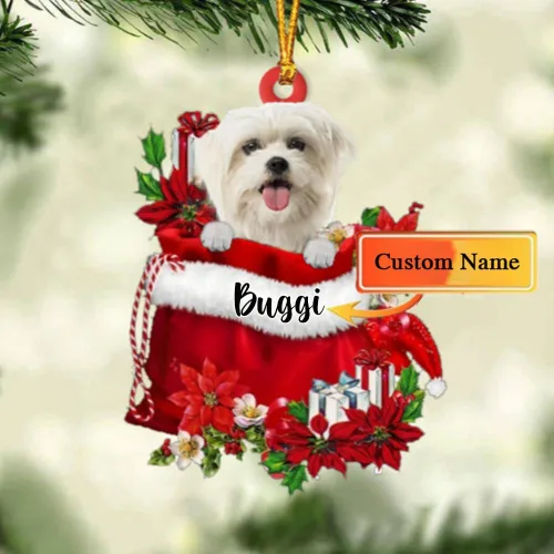 Vista 101 de Perro Akita Inu personalizado en bolsa de regalo, adorno de Navidad, nombre personalizado, regalo para amantes de los perros, familia, Navidad
