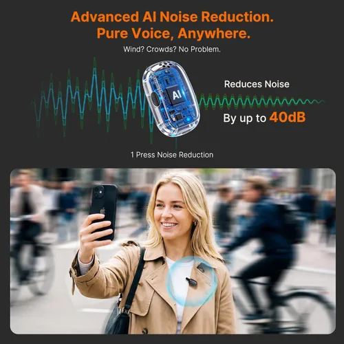 Vista 3 de Saramonic Micrófono inalámbrico Air SE para iPhone y Android, receptor dual (USB-C + Lightning), cancelación de ruido AI, 48 kHz/24 bits