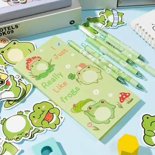 Vista 3 de Xqumoi Juego de 57 Piezas Notas Adhesivas de Rana con Bolígrafos Pegatinas Set de Papelería Bolígrafos de Gel Negro de 0.5mm Blocs de Notas