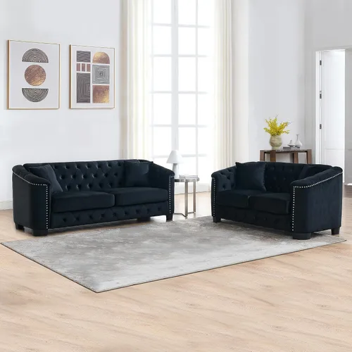 Vista 13 de Juego de sofá de terciopelo Chesterfield de lujo de 2 piezas para sala de estar, muebles de decoración moderna, sofá seccional, sofá de 3 plazas
