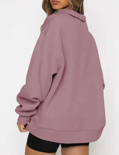 Vista 3 de EFAN Sudadera de gran tamaño con media cremallera para mujer, sudadera de manga larga con cremallera de un cuarto, sudadera moderna con capucha