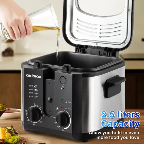 Vista 5 de CUSIMAX Freidora Eléctrica Profunda para Uso Doméstico, Freidora Profunda Pequeña de 2.5 Litros 1500W con Cesta, Temperatura y Tiempo Ajustables