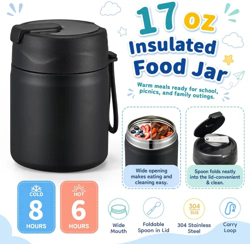 Vista 3 de Lonchera Bento para niños con termo de sopa de 17 onzas, botella de agua aislada y bolsa de almuerzo aislada, a prueba de fugas, contenedor