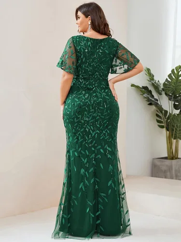 Vista 2 de Ever-Pretty Vestidos formales bordados con curvas con cuello en V para mujer, talla grande, con lentejuelas, vestidos para madre de la novia