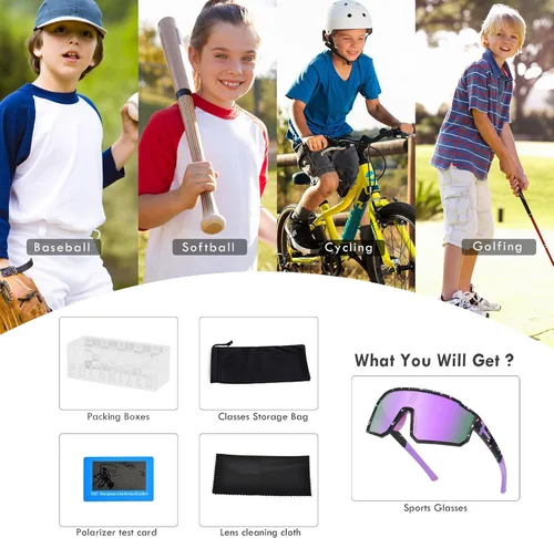 Vista 7 de Gafas de sol deportivas para niños, polarizadas, con protección UV400, para niños y niñas, para béisbol, softbol, ciclismo