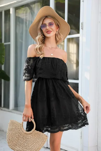 Vista 6 de HOYISHION Womens V-Neck Floral Embroidered Lace Mini Dress Bridesmaid Wedding Guest Cocktail Party Short Dresses
