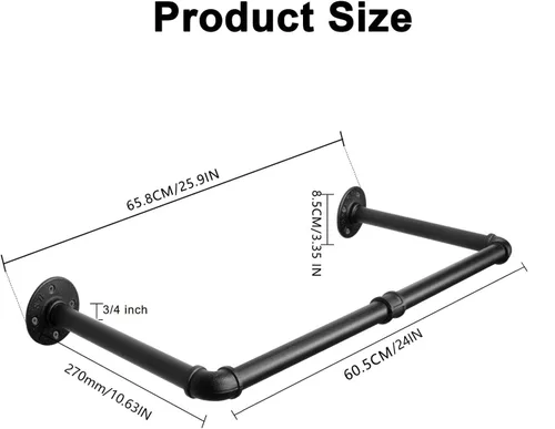 Vista 3 de Perchero Industrial de Tubo de Hierro para Colgar Ropa, Barra de Ropa Montada en Pared DIY, Estante de Ropa de Alta Resistencia para Dormitorio Negro