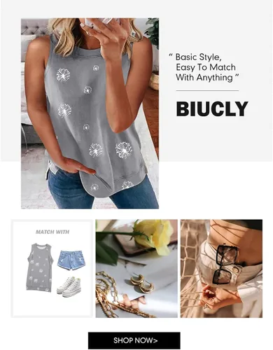 Vista 5 de Biucly - Camisetas sin mangas con cuello redondo para mujer blusa de punto informal y holgada