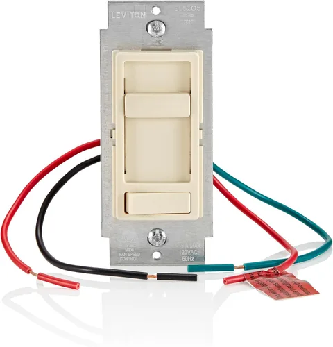 Vista 10 de Leviton SureSlide - Interruptor de pared para ventilador de techo, control silencioso de ventilador de 3 velocidades, 1.5 amperios, 661F-10I, marfil