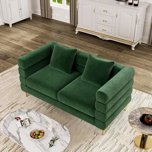 Vista 3 de OUYESSIR Sofá Cloud para sala de estar, cómodo sofá biplaza de terciopelo de 59 pulgadas con 2 almohadas y patas doradas, moderno asiento de dos