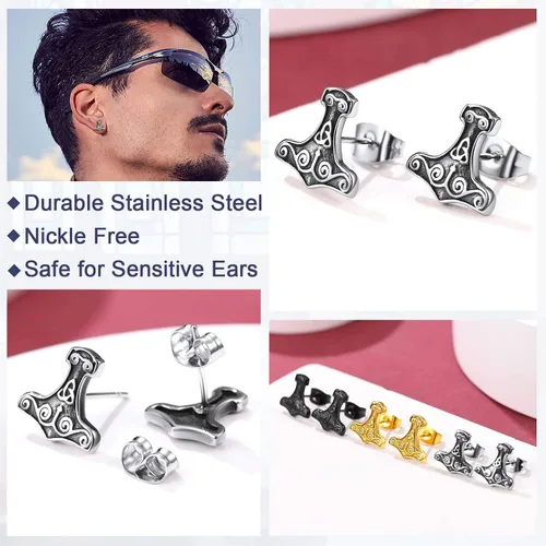 Vista 9 de FaithHeart Norse Vikingo Jewelry - Aretes de tuerca de plata de ley de acero inoxidable, lobo celtamartillo de Thors para mujeres y hombres, Acero