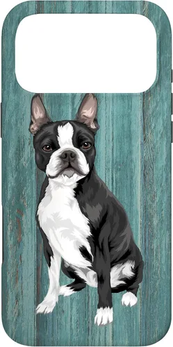 Vista 22 de Boston Terrier Faux Blue Wood Background Case for iPhone 17