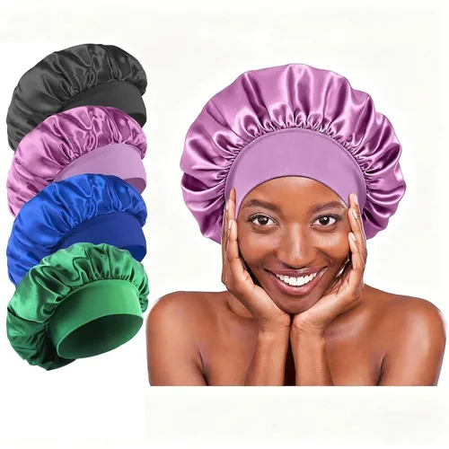 Vista 9 de 4 gorros de satén de seda para dormir, banda ancha elástica para mujeres y hombres, gorros de seda para cabello rizado para dormir