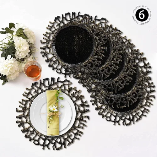 Vista 4 de MAONAME Juego de 6 platos base negros de 13", platos base redondos para platos de cena, platos base de plástico, platos base para mesa de boda