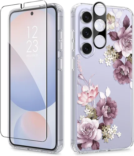 Vista 59 de GVIEWIN Funda protectora para Samsung Galaxy S25, transparente floral, delgada, a prueba de golpes, para mujer, no se pone amarilla, con protector