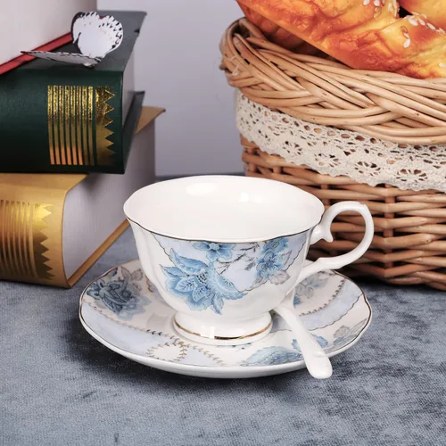 Vista 4 de fanquare Juego de té de porcelana con flores azules, juego de taza de té y platillo para 6, juego de té de boda con jarra de crema, juego de café