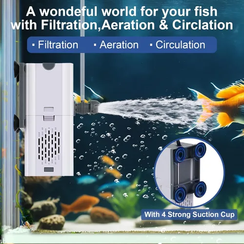 Vista 3 de Filtro de acuario de 132 GPH 4-en-1, filtros de tanque de peces de 10-40 galones para filtración y oxigenación, filtro para tanque de peces