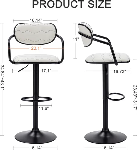 Vista 7 de VECELO Juego de 2 taburetes de bar, taburetes de bar ajustables con respaldo y brazo, sillas de bar giratorias/taburetes de isla de cocina de piel