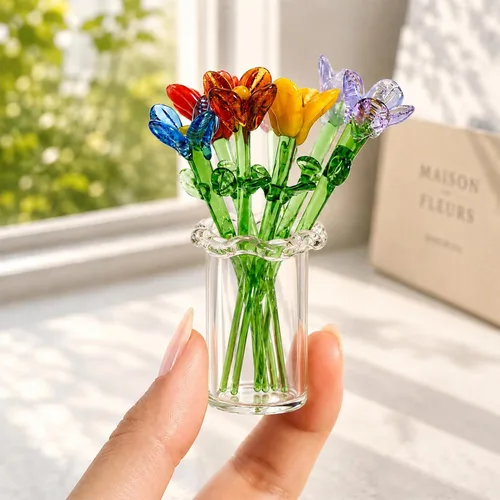 Vista 9 de 12 piezas de mini figuras de flores de vidrio sopladas a mano ramo de Multicolor 1