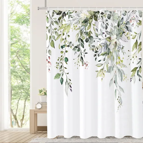Vista 33 de Tititex - Juego de cortinas de ducha de eucalipto negro, hojas de acuarela gris en la parte superior, con decoración floral de baño, 60 x 72