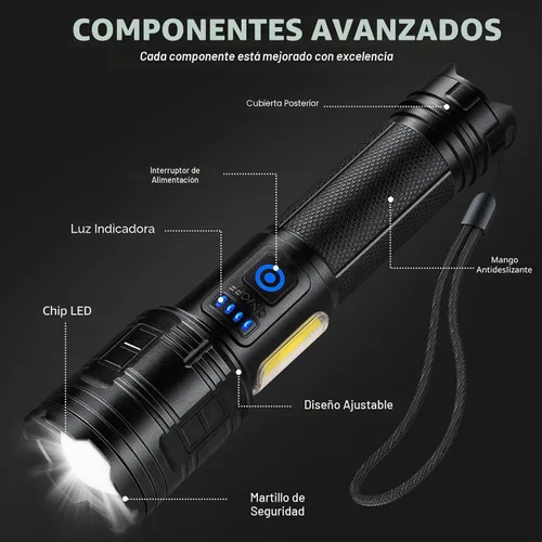Vista 9 de Linterna recargable de 99,000 lúmenes altos, 7 modos de luz LED con COB, potente linterna de mano para el hogar, campamento (paquete de 2)