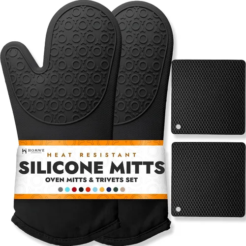 Vista 28 de HOMWE - Manopla de horno profesional y extralarga de silicona, guantes con forro acolchado, agarraderas resistentes al calor, guantes flexibles
