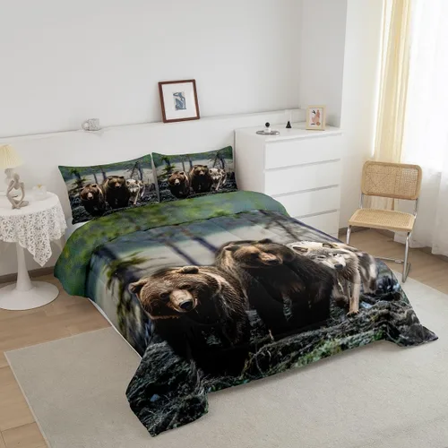 Vista 3 de Erosebridal Juego de edredón tamaño individual de animales del bosque, juego de ropa de cama de oso marrón para niños y niñas, edredón de plumón