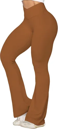 Vista 2 de Sunzel Leggings acampanados, pantalones de yoga cruzados con control de abdomen, cintura alta y pierna ancha, sin costuras frontales