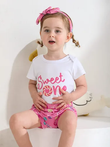 Vista 6 de ESHOO Conjunto de mameluco para bebé niña con estampado de caramelo, pantalones acampanados, diadema