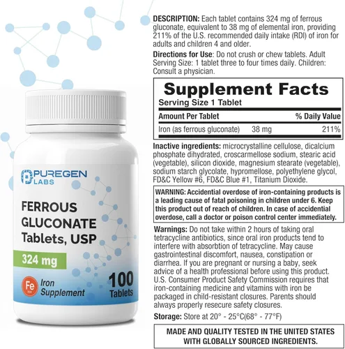 Vista 2 de Puregen Labs Gluconato Ferroso 324 mg [Alta Potencia] Suplemento de Hierro, Suave para el Estómago - 100 Tabletas