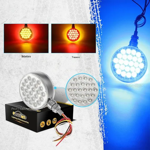 Vista 5 de Partsam 2 luces LED redondas de doble cara y luces auxiliares azules, luces LED de pedestal, montaje en poste 48 LED para camión, remolque, espejo