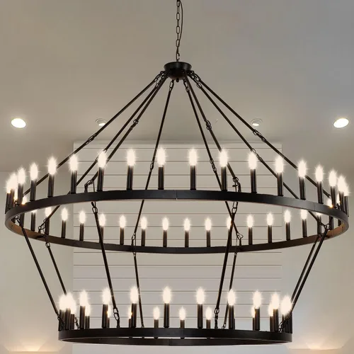 Vista 8 de Lámpara de araña de rueda grande de 122 cm de color negro, lámpara de araña de granja industrial de estilo rústico, de 2 niveles, con 36 luces